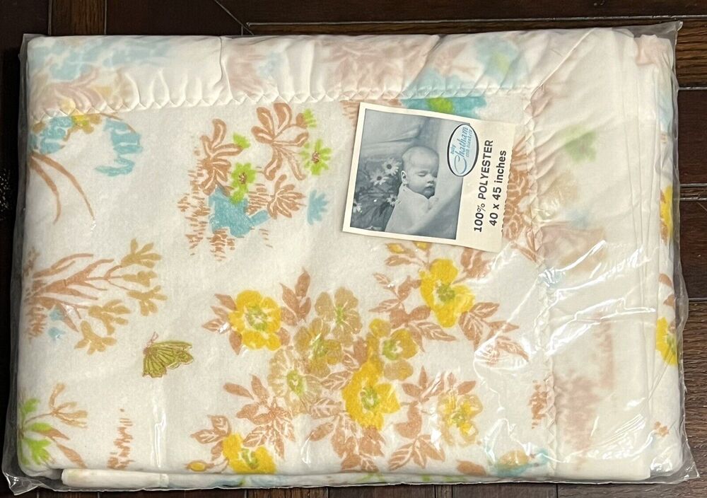 VTG Chatham Baby Crib Blanket Nylon Trim Floral Print 40 x 45” USA Polyester NIP